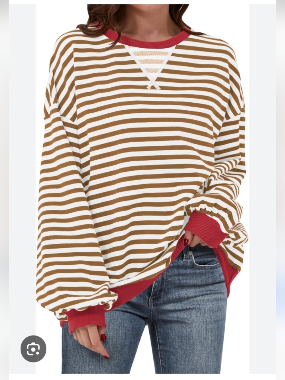 Anrabess Oversized Brown & White Striped Sweatshirt with Red Trim Medium